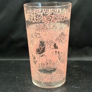Hazel Atlas Pink Horse and Carriage Glass Tumbler Floral Filigree Vintage 5.25"